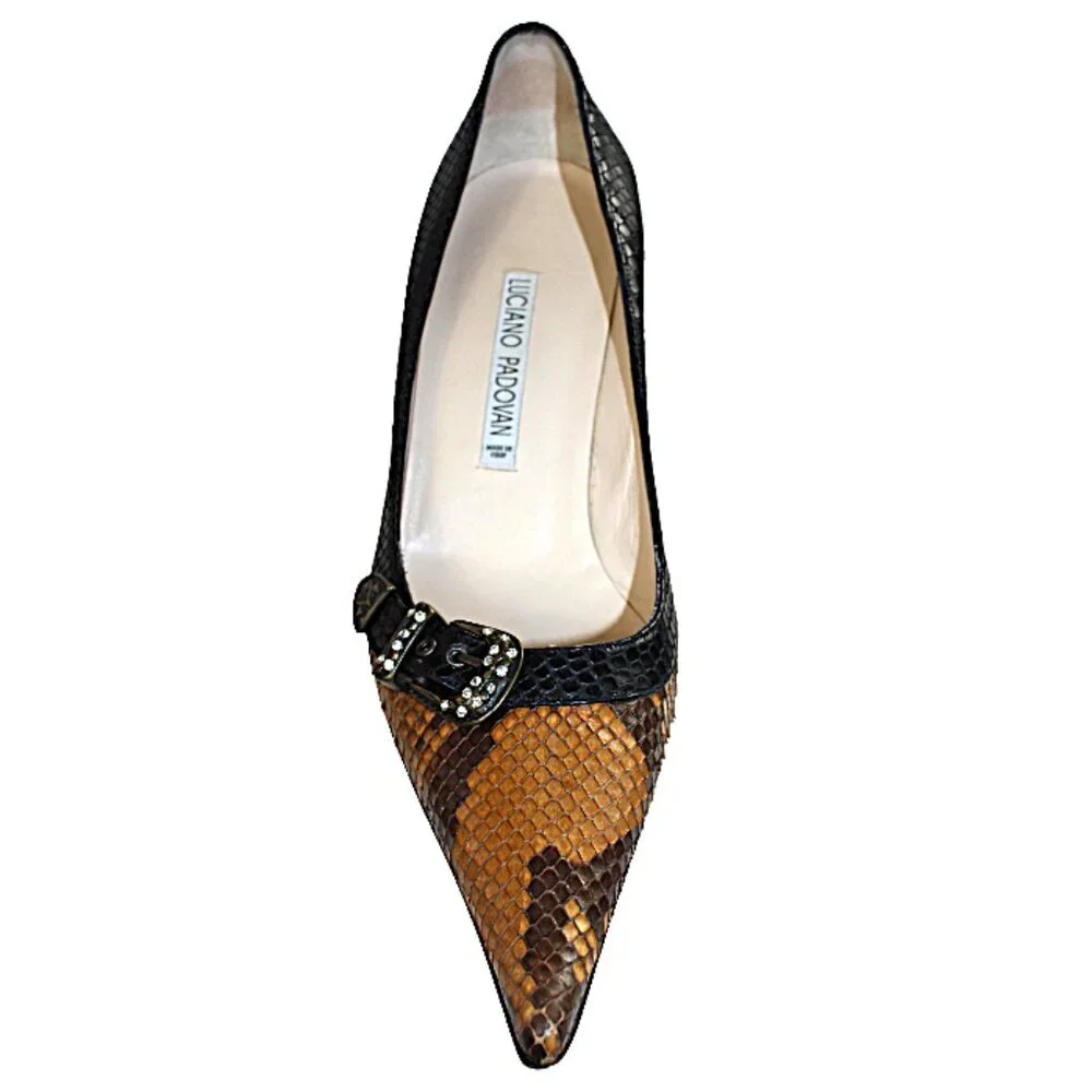 Luciano Padovan Two Tone Black Brown Snakeskin Leather Heel, Size 38 (US 7-7.5)